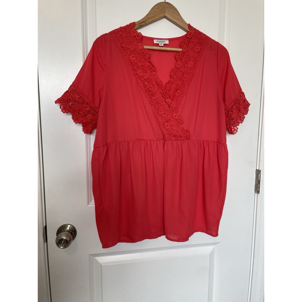 Andree by Unit Women's Chiffon Empire Waisted Blouse Red Size Medium Crochet Hem
